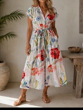 Wayward Fangies Floral 100% Cotton  White with Multicolor Bloom Dress